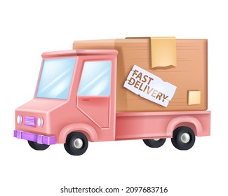 3D delivery car illustration, vector cargo service van, pink truck, cardboard box, fast free shipping. Cartoon automobile sticker, express parcel symbol isolated on white. 3D delivery van clipart