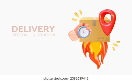 3D delivery concept. Box or package with location, stopwatch and fire. Fast delivery. Vector illustration