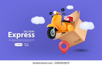 3D delivery express package by scooter on Boxes and parcels float. 3d vector illustration