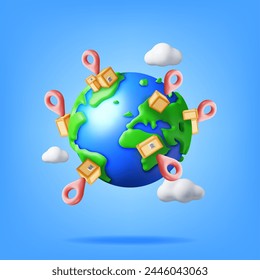 3D Delivery Globe and Cardboard Boxes Isolated. Render Express Delivering Services Commercial. Concept of Fast and Free Delivery Around World. Cargo and Logistic. Vector Illustration