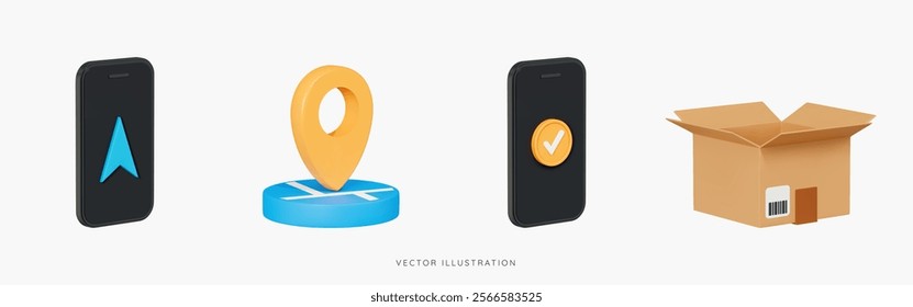 3D Delivery icon set with mobile phone, location pin and open cardboard box. Parcel tracking. Online ordering concept. Package shipping. Cartoon design icons isolated on white. 3D Vector illustration