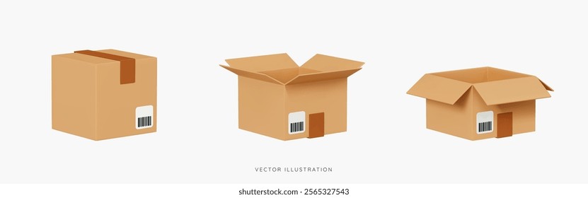 3D Delivery icon set with open and closed cardboard boxes. Fast delivery of your order or parcel. Empty cargo box. Cartoon design icons isolated on white background. 3D Vector illustration