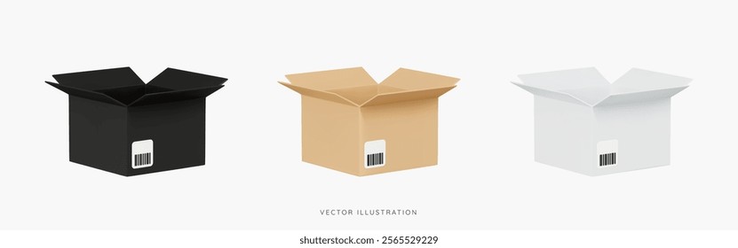 3D Delivery icon set with open cardboard boxes. Fast delivery of your order or parcel. Empty black, brown and white cargo box. Cartoon design icons isolated on background. 3D Vector illustration