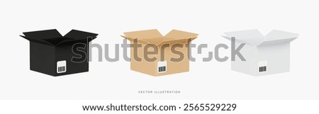 3D Delivery icon set with open cardboard boxes. Fast delivery of your order or parcel. Empty black, brown and white cargo box. Cartoon design icons isolated on background. 3D Vector illustration
