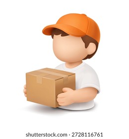 Carácter del hombre de la entrega 3d que sostiene la caja de paquete de la cartulina, la logística y el concepto del comercio electrónico. servicios de envío y materiales de marketing de compras en línea. aislado en el fondo blanco. Ilustración vectorial.