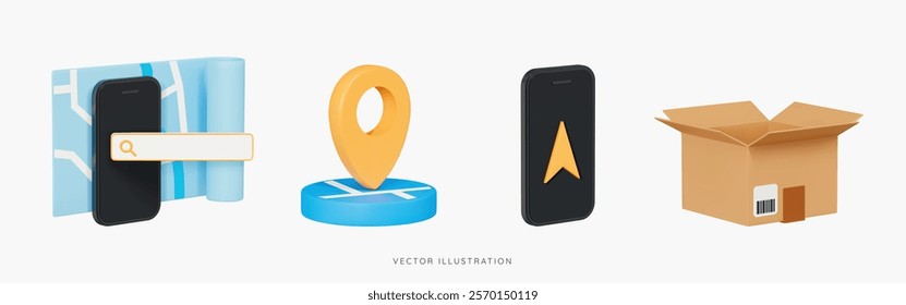 3D Delivery and order tracking icon set concept. Phone with map, search bar and pin location. Open cardboard box. GPS and navigation. Cartoon design icons isolated on white. 3D Vector illustration