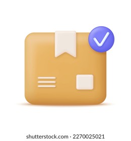 3D Delivery package and check mark. Shipping box and cardboard box. Shipping, transportation, safe delivery concept. Trendy and modern vector in 3d style.