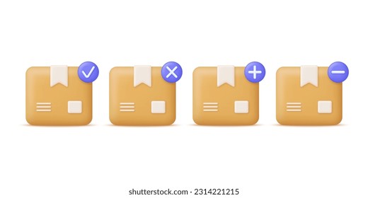 3D Delivery package illustration. Add or remove package. Approved and Rejected. Shipping box and cardboard box. Shipping, transportation, safe delivery concept. Trendy and modern vector in 3d style.