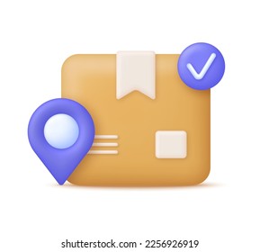 
3D Delivery package illustration. Check mark icon. Shipping box and cardboard box. Shipping, transportation, safe delivery concept. Trendy and modern vector in 3d style.

