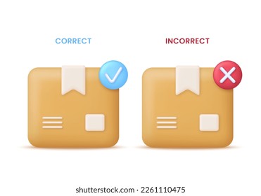 3D Delivery package illustration. Check and cross marks. Approved and Rejected. Shipping box and cardboard box. Shipping, transportation, safe delivery concept. Trendy and modern vector in 3d style.