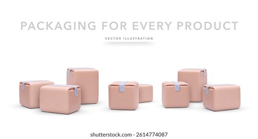 3d Delivery And Shipping Boxes In Various Sizes Representing Packaging Solutions For Any Product, Ideal For Ecommerce, Logistics, And Fulfillment Themes. Vector Illustration.