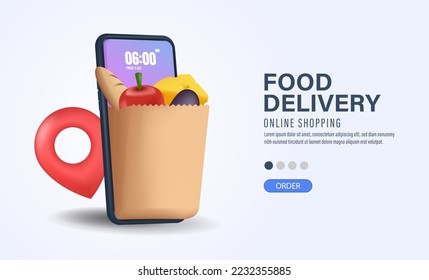 3D Delivery shopping online with smartphone with small grocery paper full of items.