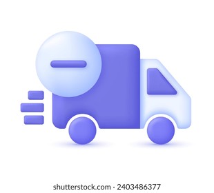 3D Delivery truck with minus sign. Express delivery, shipping, truck icon, quick move. Fast delivery concept. Trendy and modern vector in 3d style