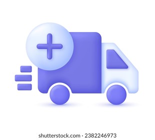 3D Delivery truck with plus sign. Express delivery, shipping, truck icon, quick move. Fast delivery concept. Trendy and modern vector in 3d style.