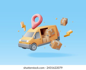 3D Delivery Van and Cardboard Boxes Isolated on White. Render Express Delivering Services Commercial Truck. Concept of Fast and Free Delivery by Car. Cargo and Logistic. Realistic Vector Illustration