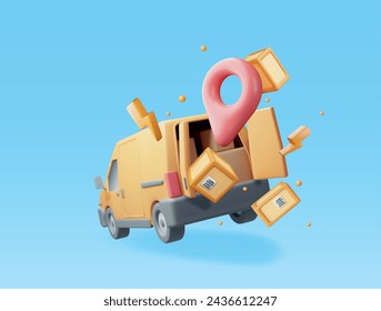 3D Delivery Van and Cardboard Boxes Isolated on White. Render Express Delivering Services Commercial Truck. Concept of Fast and Free Delivery by Car. Cargo and Logistic. Realistic Vector Illustration