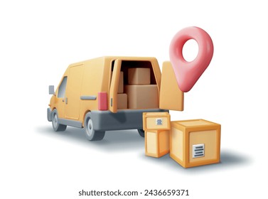 3D Delivery Van and Cardboard Boxes Isolated on White. Render Express Delivering Services Commercial Truck. Concept of Fast and Free Delivery by Car. Cargo and Logistic. Realistic Vector Illustration