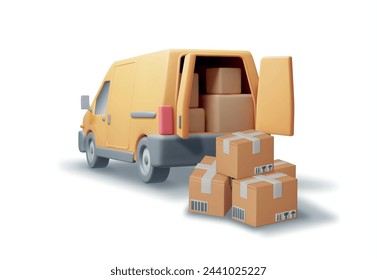 Camioneta de entrega 3D y cajas de cartón aisladas en blanco. Render Express Delivery Services Camión comercial. Concepto de entrega rápida y gratuita en coche. Carga y Logística. Ilustración vectorial realista