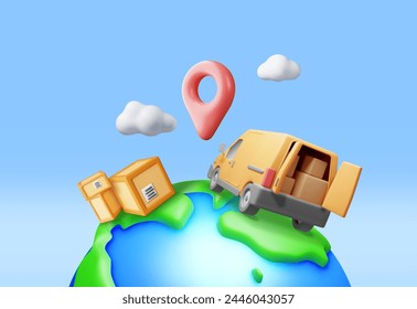 3D Delivery Van and Cardboard Boxes Isolated on White. Render Express Delivering Services Commercial Truck. Concept of Fast and Free Delivery by Car. Cargo and Logistic. Realistic Vector Illustration