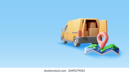 3D delivery van and cardboard boxes and map. Render express delivering services commercial truck. Concept of fast and free delivery by car. Cargo and logistic. Realistic vector illustration