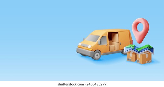 3D delivery van and cardboard boxes and map. Render express delivering services commercial truck. Concept of fast and free delivery by car. Cargo and logistic. Realistic vector illustration