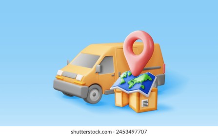 3D delivery van and cardboard boxes and map. Render express delivering services commercial truck. Concept of fast and free delivery by car. Cargo and logistic. Realistic vector illustration