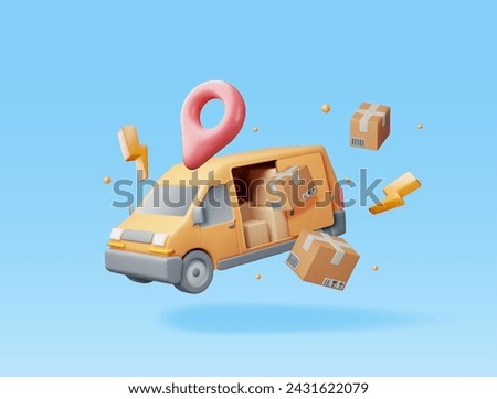 3D Delivery Van and Cardboard Boxes Isolated on White. Render Express Delivering Services Commercial Truck. Concept of Fast and Free Delivery by Car. Cargo and Logistic. Realistic Vector Illustration