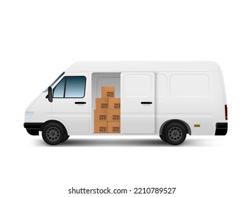 3D Delivery Van Full Of Cardboard Boxes Isolated On White. EPS10 Vector