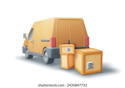 3D Delivery Van full of Cardboard Boxes Isolated. Render Express Delivering Services Commercial Truck. Concept of Fast and Free Delivery by Car. Cargo and Logistic. Realistic Vector Illustration