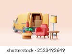 3D delivery van with open door and home stuff inside. Render moving to new house. Relocation to new home. Boxes with goods. Package transportation. Furniture, lamp, plant, books. Vector illustration