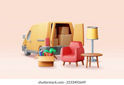 3D delivery van with open door and home stuff inside. Render moving to new house. Relocation to new home. Boxes with goods. Package transportation. Furniture, lamp, plant, books. Vector illustration