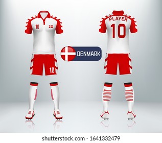 3D Denmark Badge And Realistic Of Front And Back View Of Soccer Jersey Shirt On Shop Backdrop. Concept For Soccer Team Uniform Or Football Apparel Mock Up.Wales Soccer Kit T-shirt Template In Vector.