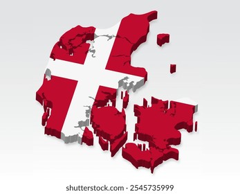 3D  Denmark map with flag. Three dimensional map of Denmark with shadow. Flag Kingdom of Denmark on white background for your design, app, UI.  Stock vector. EPS10. 