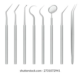 Conjunto de herramientas de cuidado dental 3D aislado sobre fondo blanco. Vector ilustración realista de equipos de tratamiento dental, clínica dental y Elementos de diseño de Anuncio, espejo bucal e instrumentos de higiene