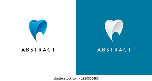 3d dental logo designs. Abstract tooth icons on white and blue backgrounds.