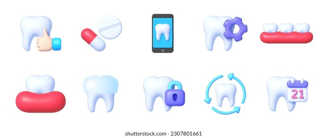 3D dentistry icons for medical design. Dentistry icons in realistic style. Medical protection icons. White background. Vector illustration design