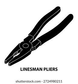 3d Depth isometric view silhouette a Linesman pliers. in a black and white vector illustration on a white background.