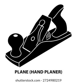 3d Depth isometric view silhouette a Plane (hand planer). in a black and white vector illustration on a white background.