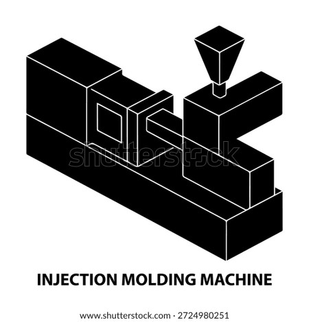 3d Depth isometric view silhouette a Injection molding machine. in a black and white vector illustration on a white background.