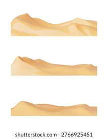 3D desert landscape with golden sand dunes plastic style playground vector set. Cartoon volume sandy hills landscape. Hot dry deserted African nature background. Drought nature, wilderness isolated