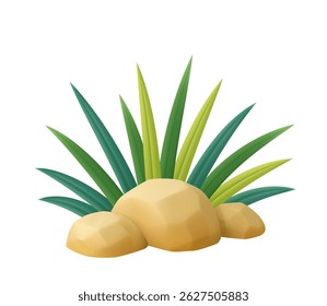3d desert-style green plant surrounded by smooth yellow rocks, ideal for nature, landscaping, or garden visuals. 3d rendering. Vector illustration