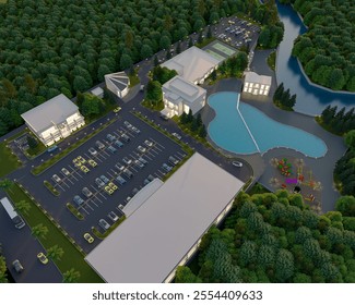 3D design of the area seen from above so that the layout or site plan can be seen beautifully