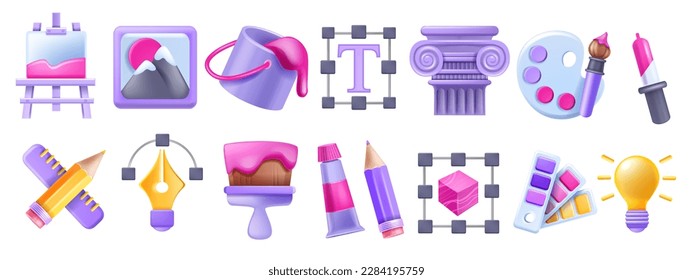 3D design art icon set, creative badge customise graphic kit, vector paint bucket brush, idea bulb. Designer digital tools project sign collection, pencil, pipette, website create process. Design icon