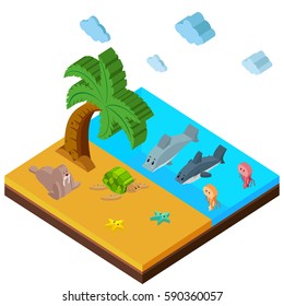 3D design for beach scene with lots of animals illustration