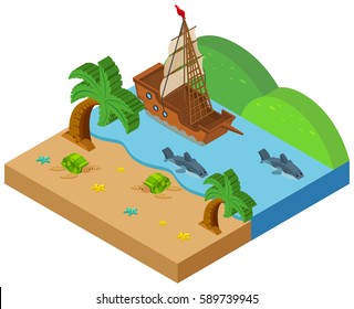 3D design for beach scene with ship and animals illustration