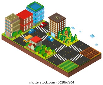 3D design for city with buildings and cars illustration
