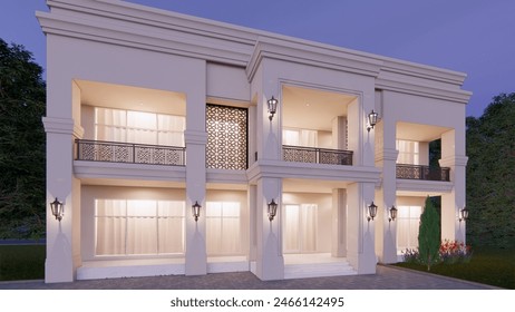 3D design of classic building facade with lighting at night