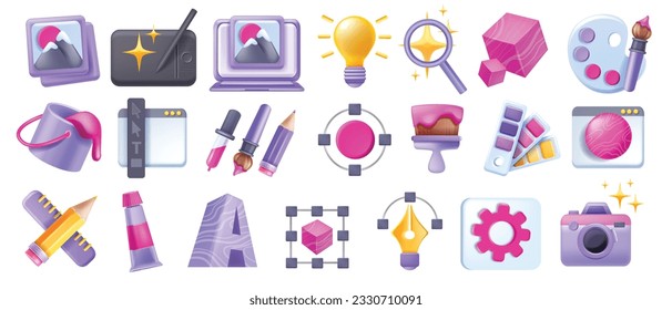 3D design creative icon vector set, utility logo pictogram kit, idea project art process concept. Drawing studio, portfolio image, digital drawing paint bucket, palette, brush. Design icon UI symbol