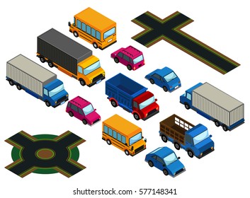 3D design for different types of cars and roads illustration