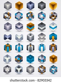 3D design elements. Collection of dimensional cubic symbols for your design projects. Shadows are transparent, ready to put over any background.